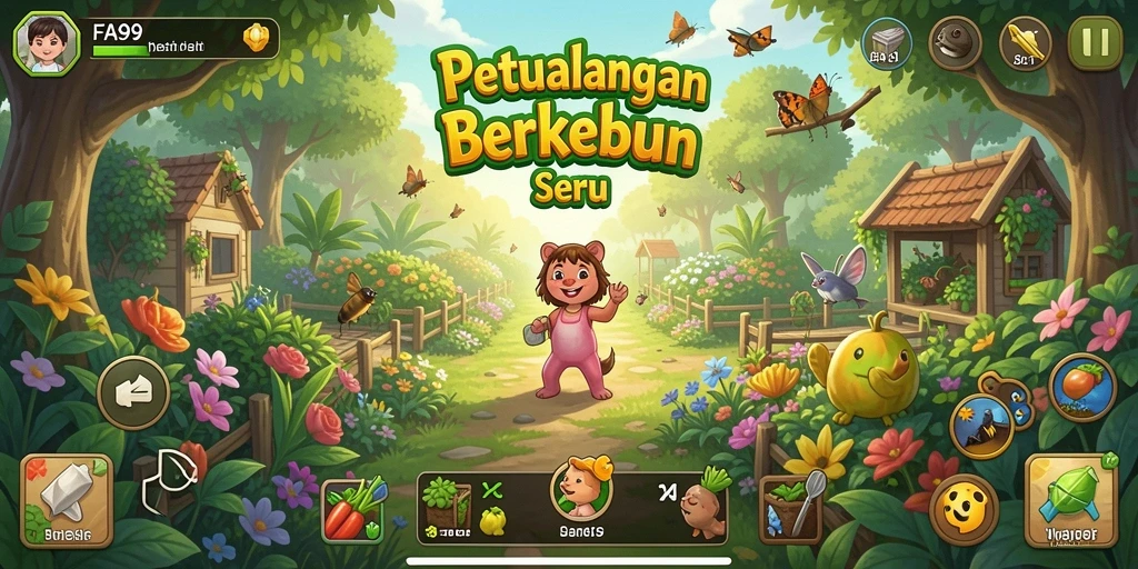 Screenshot dari gameplay FA99 menunjukkan aktivitas berkebun yang dinamis dan seru.