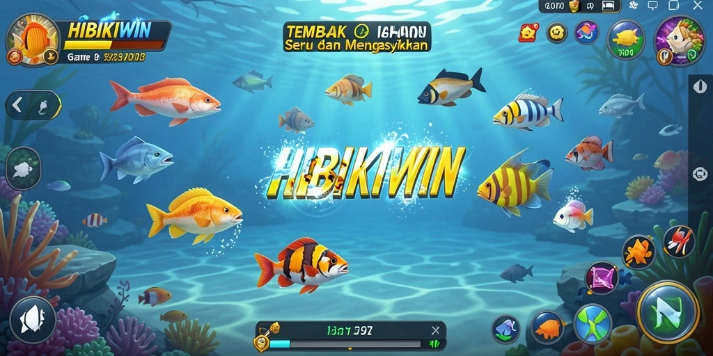 Gameplay HIBIKIWIN menampilkan aksi menembak ikan yang seru dan penuh warna.