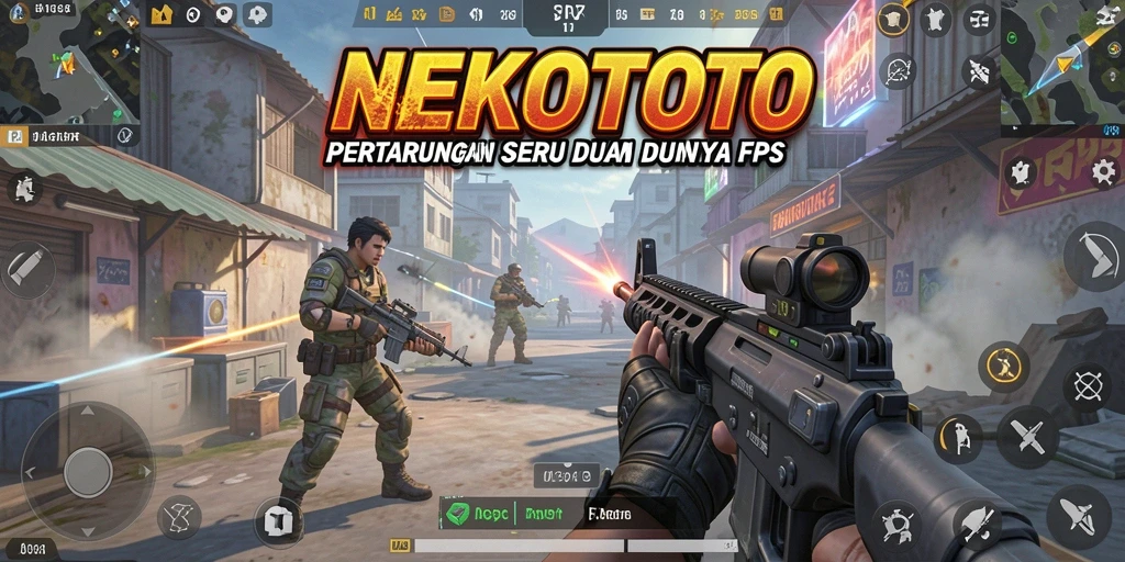 Screenshot utama NEKOTOTO menampilkan aksi intens dalam pertempuran FPS.