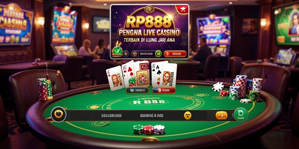 Screenshot utama RP888 menampilkan dealer langsung dalam permainan Live Casino yang seru.