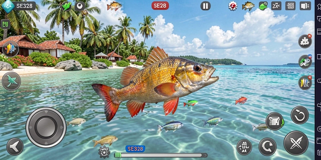 Screenshot gameplay SE328 menampilkan aksi menembak ikan yang seru.