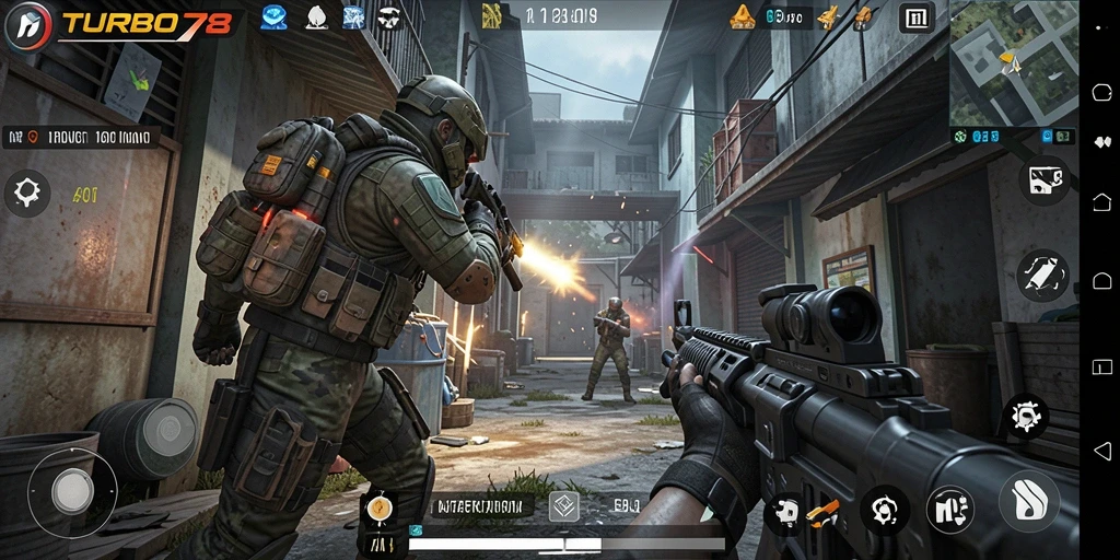 Gameplay intens TURBO78, menunjukkan strategi dan aksi di medan perang.